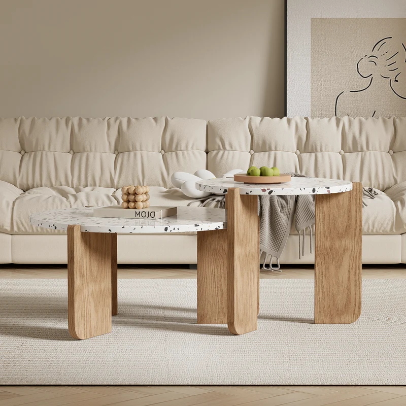Ensemble de 2 tables basses gigognes blanches rondes pieds bois QEGZA WOOD