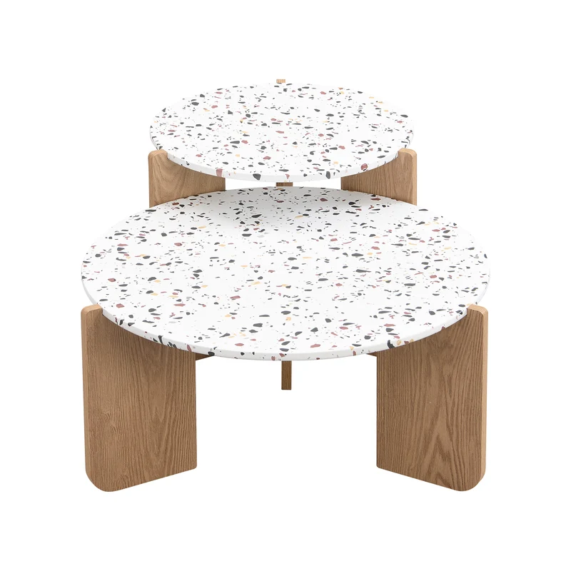 Ensemble de 2 tables basses gigognes blanches rondes pieds bois QEGZA WOOD