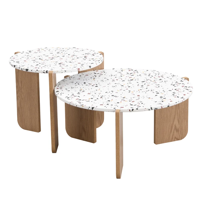 Ensemble de 2 tables basses gigognes blanches rondes pieds bois QEGZA WOOD