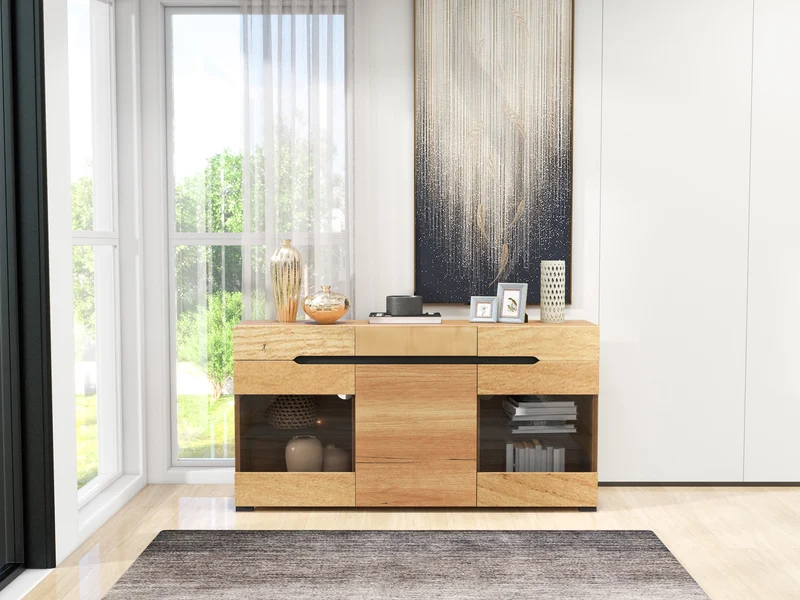 Buffet moderne LED rangement 3 portes 3 tiroirs 140*35*80 KRANQRUK