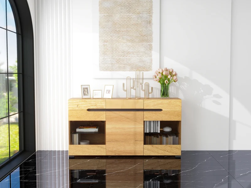 Buffet moderne LED rangement 3 portes 3 tiroirs 140*35*80 KRANQRUK