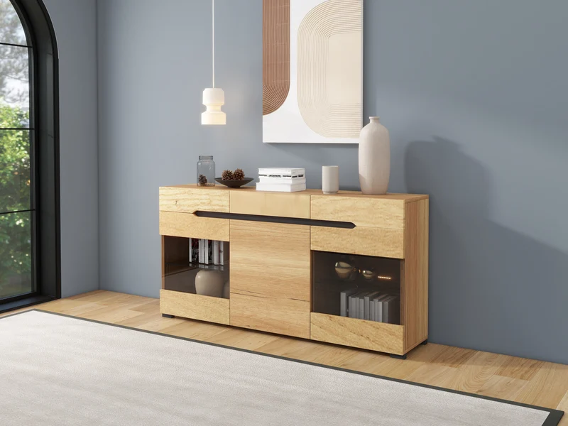 Buffet moderne LED rangement 3 portes 3 tiroirs 140*35*80 KRANQRUK