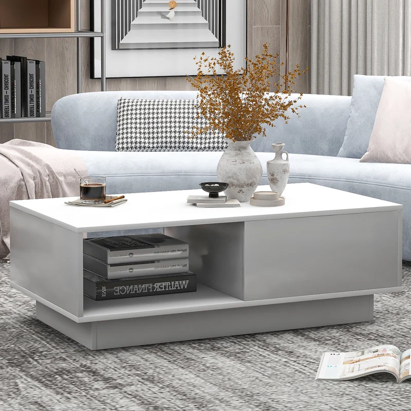 Table basse moderne rectangulaire blanche avec lumière LED 95 x 55 x 32 cm SHOHLORS