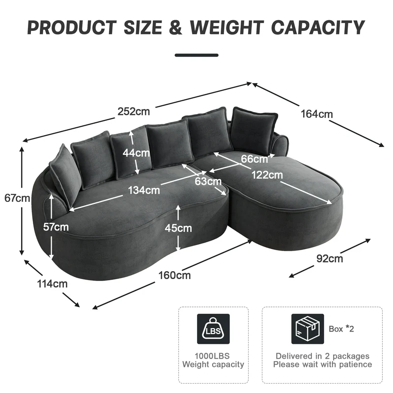 Canapé d'angle modulable tissu chenille gris sans cadre 252x164cm FLAREIQ