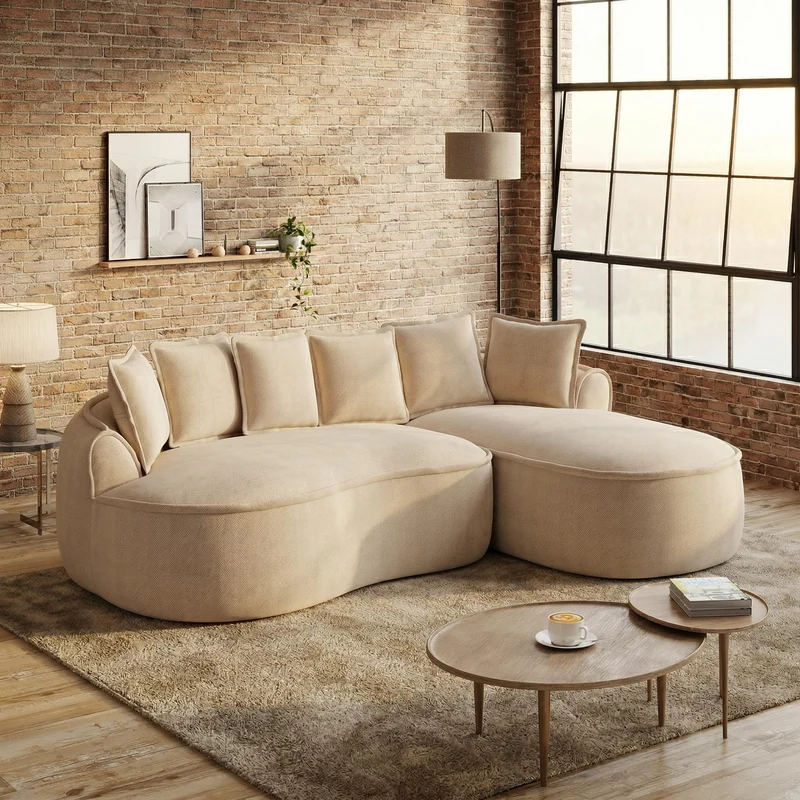 Canapé d'angle 3 places modulable tissu chenille beige sans cadre 252x164cm FLAREENS