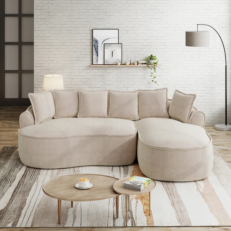 Canapé d'angle 3 places modulable tissu chenille beige sans cadre 252x164cm FLAREENS