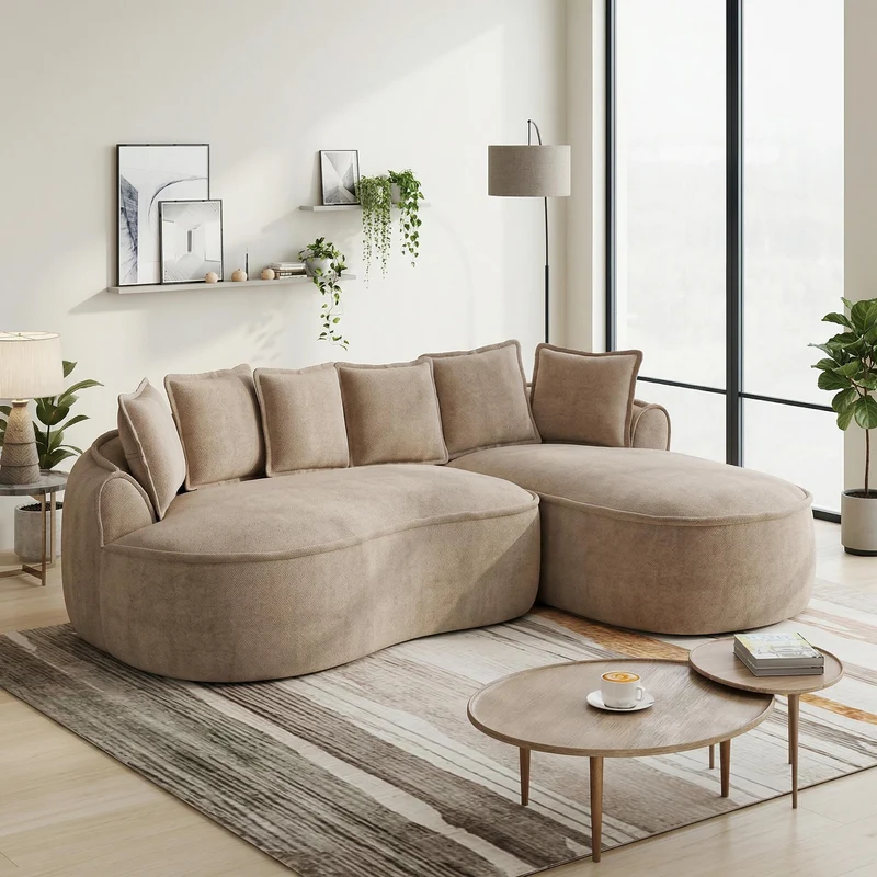 Canapé d'angle 3 places modulable tissu chenille beige sans cadre 252x164cm FLAREENS