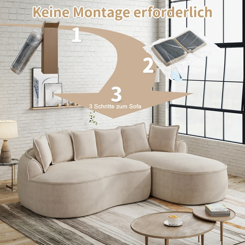 Canapé d'angle 3 places modulable tissu chenille beige sans cadre 252x164cm FLAREENS