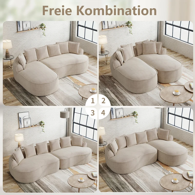 Canapé d'angle 3 places modulable tissu chenille beige sans cadre 252x164cm FLAREENS