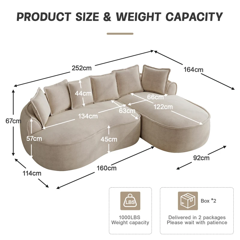 Canapé d'angle 3 places modulable tissu chenille beige sans cadre 252x164cm FLAREENS