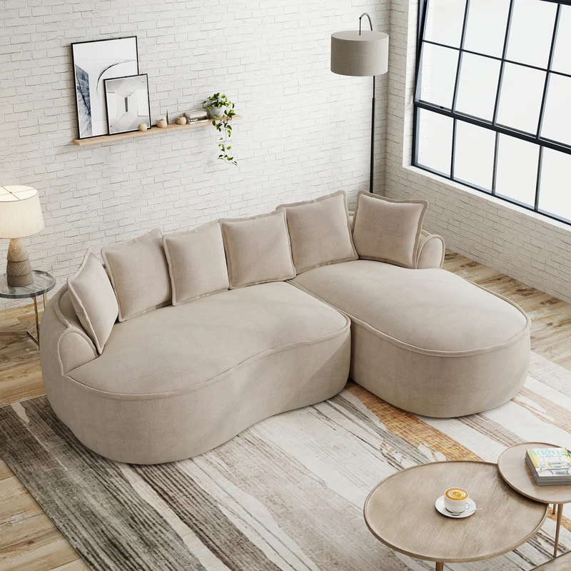 Canapé d'angle 3 places modulable tissu chenille beige sans cadre 252x164cm FLAREENS