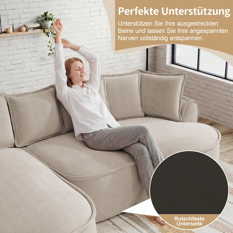 Canapé d'angle 3 places modulable tissu chenille beige sans cadre 252x164cm FLAREENS