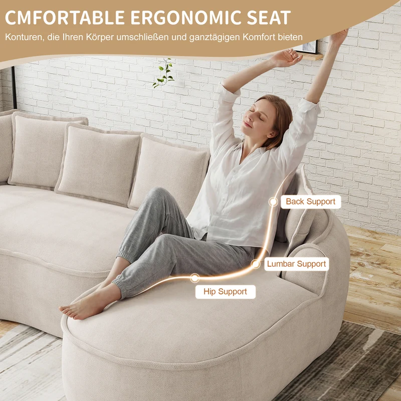 Canapé d'angle 3 places modulable tissu chenille beige sans cadre 252x164cm FLAREENS