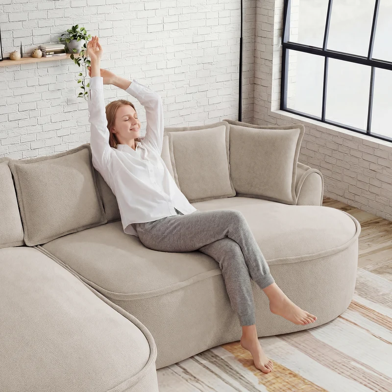 Canapé d'angle 3 places modulable tissu chenille beige sans cadre 252x164cm FLAREENS