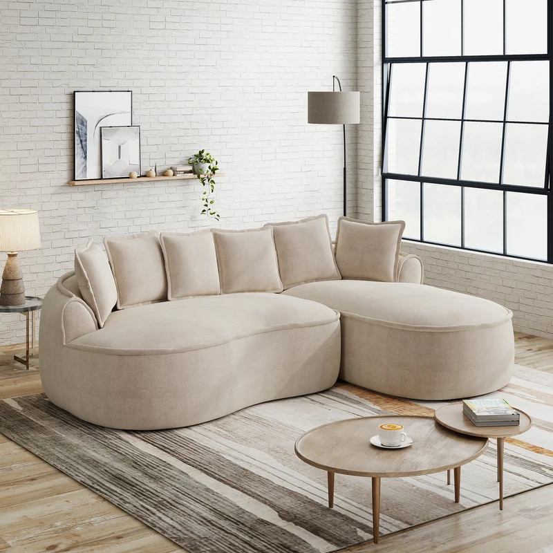 Canapé d'angle 3 places modulable tissu chenille beige sans cadre 252x164cm FLAREENS