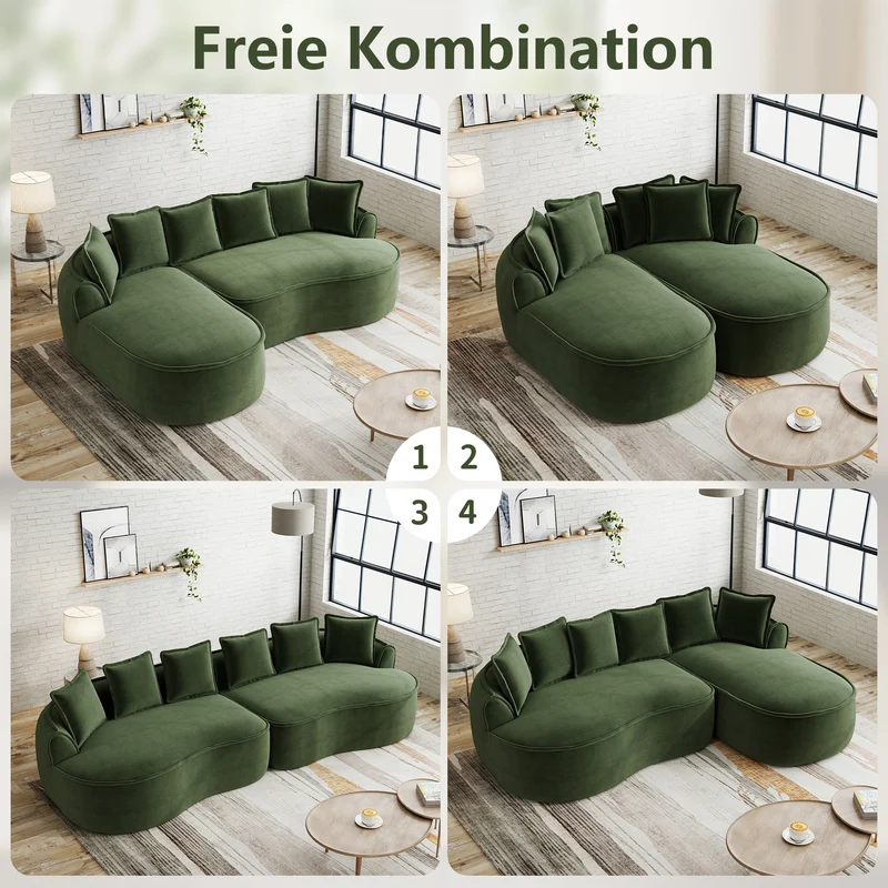 FLAREONN Canapé d'angle modulaire sans structure — Tissu chenille vert, 252 x 164 cm