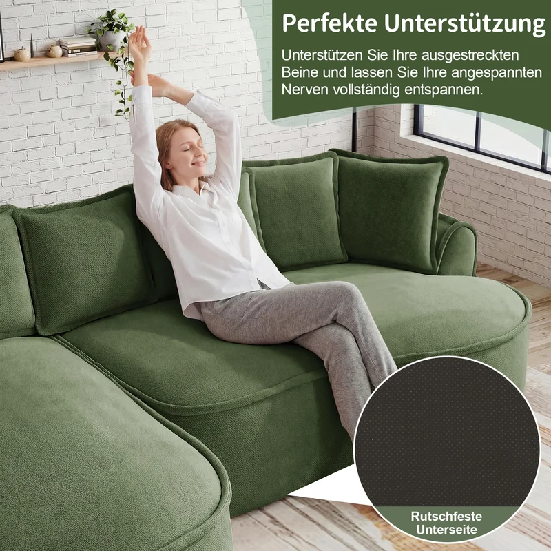 FLAREONN Canapé d'angle modulaire sans structure — Tissu chenille vert, 252 x 164 cm