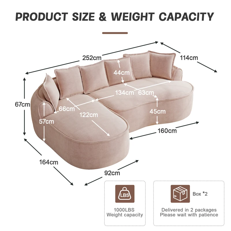 Canapé d'angle modulable tissu chenille rose sans cadre 252x164cm FLARERIFTZ