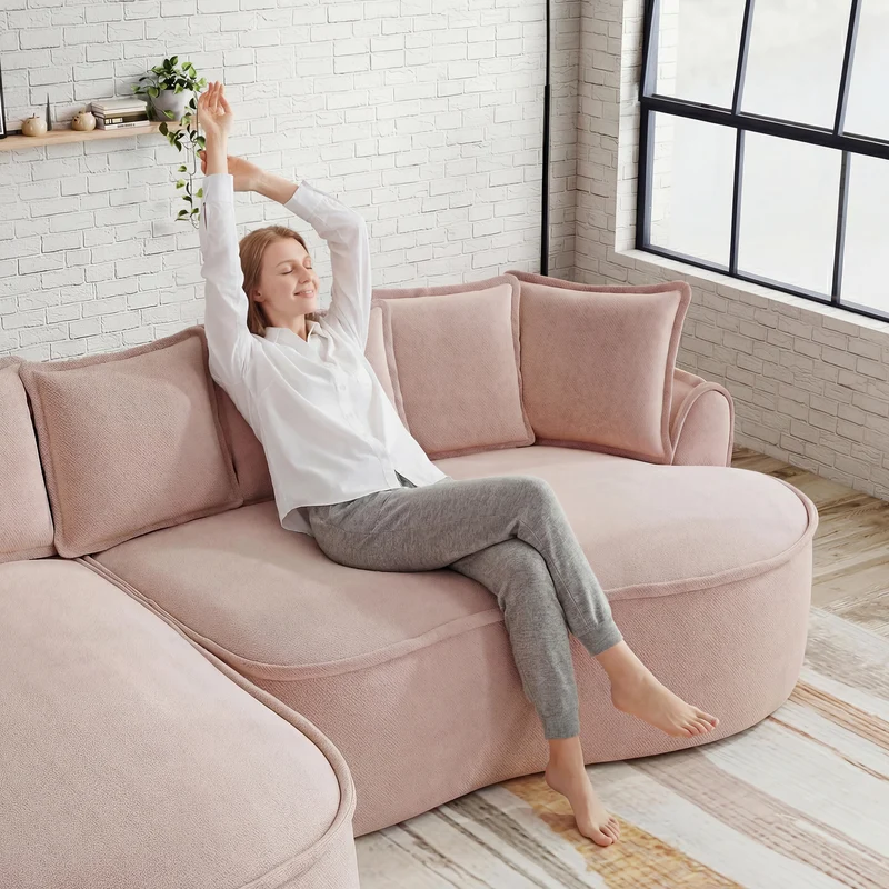 Canapé d'angle modulable tissu chenille rose sans cadre 252x164cm FLARERIFTZ