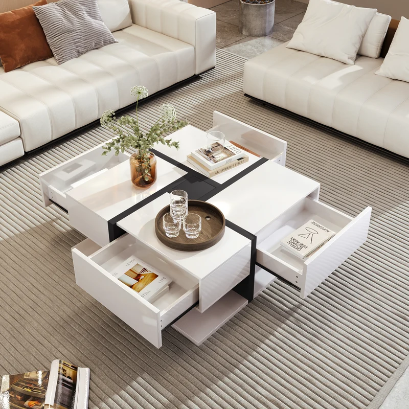 Table basse carrée brillant bicolore blanc et noir géométrique 4 tiroirs 78x78x36cm AEGISSYTH