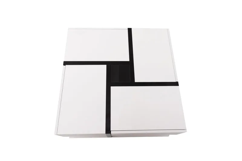 Table basse carrée brillant bicolore blanc et noir géométrique 4 tiroirs 78x78x36cm AEGISSYTH