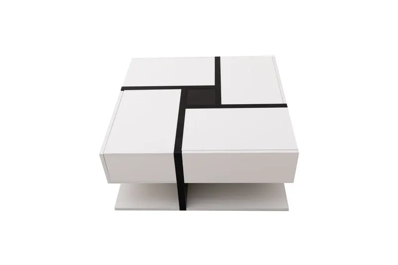 Table basse carrée brillant bicolore blanc et noir géométrique 4 tiroirs 78x78x36cm AEGISSYTH
