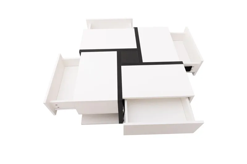 Table basse carrée brillant bicolore blanc et noir géométrique 4 tiroirs 78x78x36cm AEGISSYTH