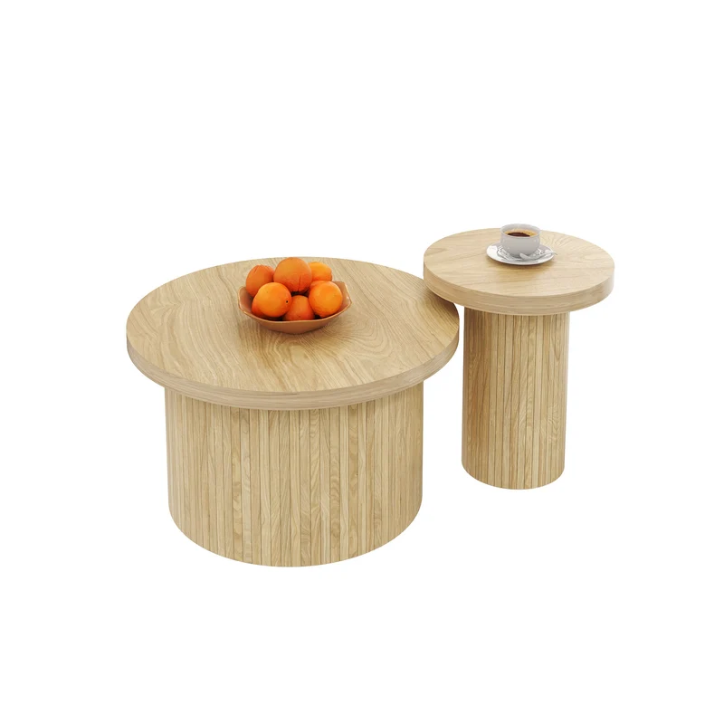 Ensemble de 2 tables basses gigognes rondes effet bois chêne design latté RIFTZORVAKYN