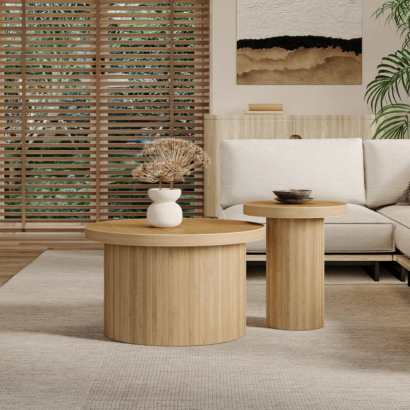 Ensemble de 2 tables basses gigognes rondes effet bois chêne design latté RIFTZORVAKYN