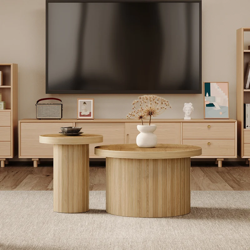 Ensemble de 2 tables basses gigognes rondes effet bois chêne design latté RIFTZORVAKYN