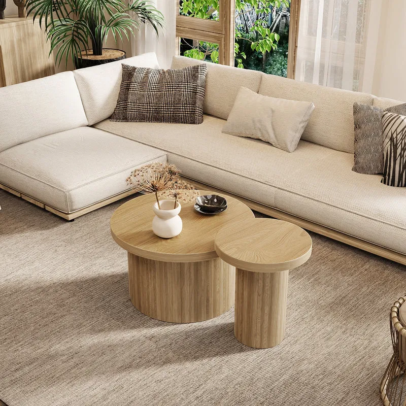 Ensemble de 2 tables basses gigognes rondes effet bois chêne design latté RIFTZORVAKYN