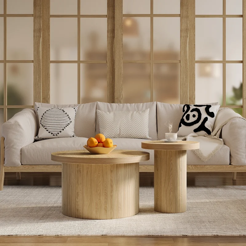 Ensemble de 2 tables basses gigognes rondes effet bois chêne design latté RIFTZORVAKYN