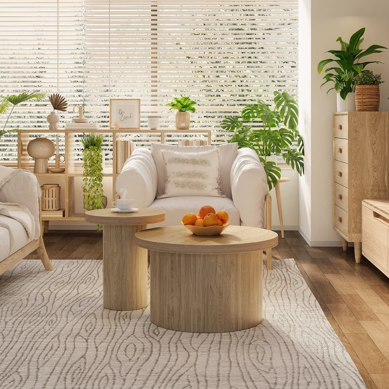 Ensemble de 2 tables basses gigognes rondes effet bois chêne design latté RIFTZORVAKYN