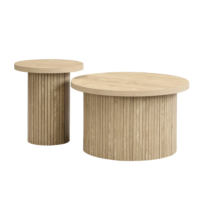 Ensemble de 2 tables basses gigognes rondes effet bois chêne design latté RIFTZORVAKYN