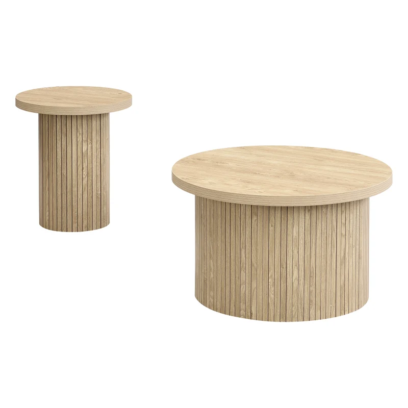 Ensemble de 2 tables basses gigognes rondes effet bois chêne design latté RIFTZORVAKYN