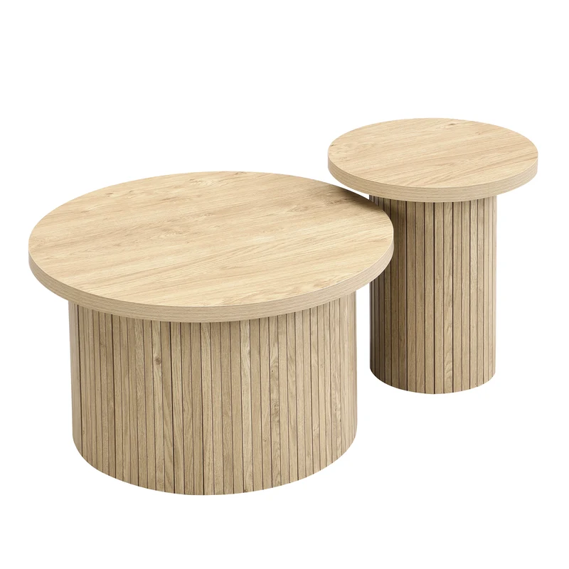 Ensemble de 2 tables basses gigognes rondes effet bois chêne design latté RIFTZORVAKYN