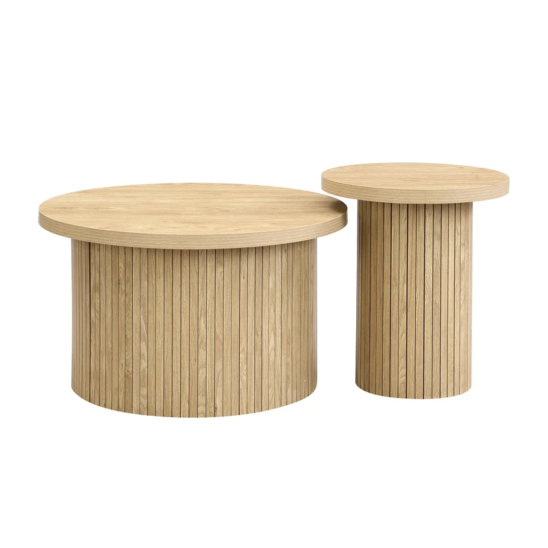 Ensemble de 2 tables basses gigognes rondes effet bois chêne design latté RIFTZORVAKYN