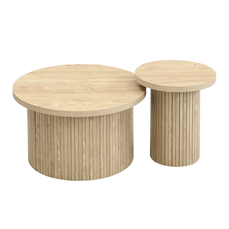 Ensemble de 2 tables basses gigognes rondes effet bois chêne design latté RIFTZORVAKYN