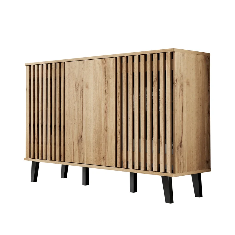 Buffet effet bois naturel design latté 3 portes, 6 compartiments 150x40x95cm RIFTMYRKONATH