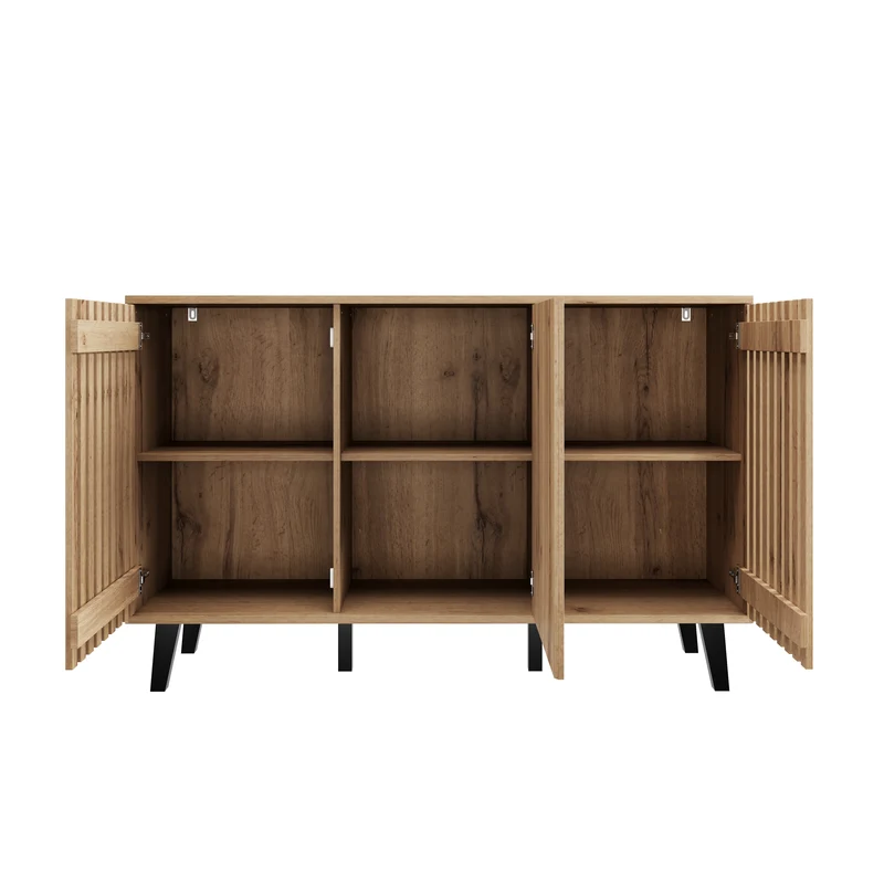 Buffet effet bois naturel design latté 3 portes, 6 compartiments 150x40x95cm RIFTMYRKONATH