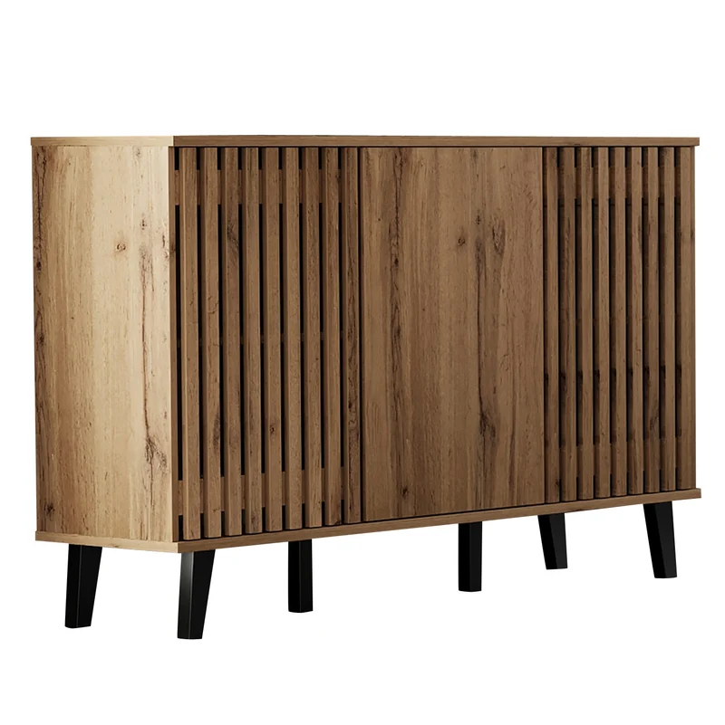 Buffet effet bois naturel design latté 3 portes, 6 compartiments 150x40x95cm RIFTMYRKONATH