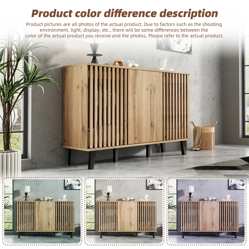 Buffet effet bois naturel design latté 3 portes, 6 compartiments 150x40x95cm RIFTMYRKONATH