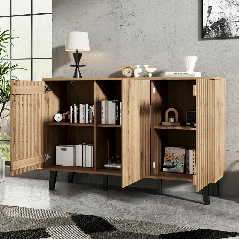 Buffet effet bois naturel design latté 3 portes, 6 compartiments 150x40x95cm RIFTMYRKONATH
