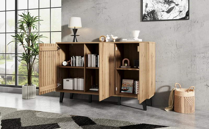 Buffet effet bois naturel design latté 3 portes, 6 compartiments 150x40x95cm RIFTMYRKONATH