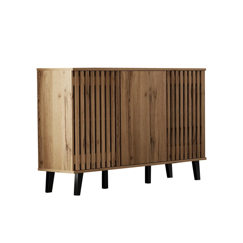 Buffet effet bois naturel design latté 3 portes, 6 compartiments 150x40x95cm RIFTMYRKONATH