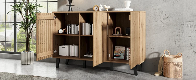 Buffet effet bois naturel design latté 3 portes, 6 compartiments 150x40x95cm RIFTMYRKONATH