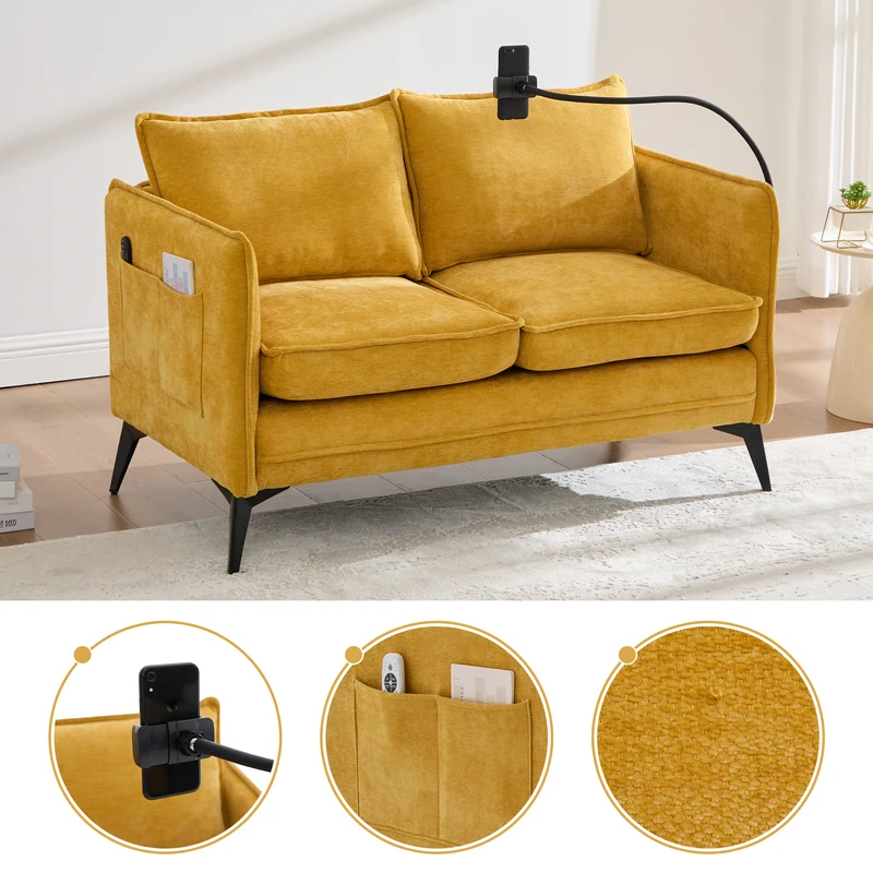 Canapé 2 places moderne chenille jaune poches latérales et support téléphone réglable 127x69x66cm CELESTEUM