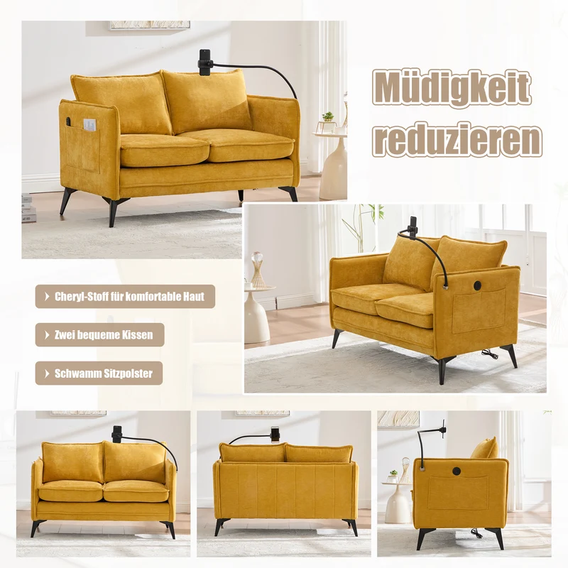 Canapé 2 places moderne chenille jaune poches latérales et support téléphone réglable 127x69x66cm CELESTEUM