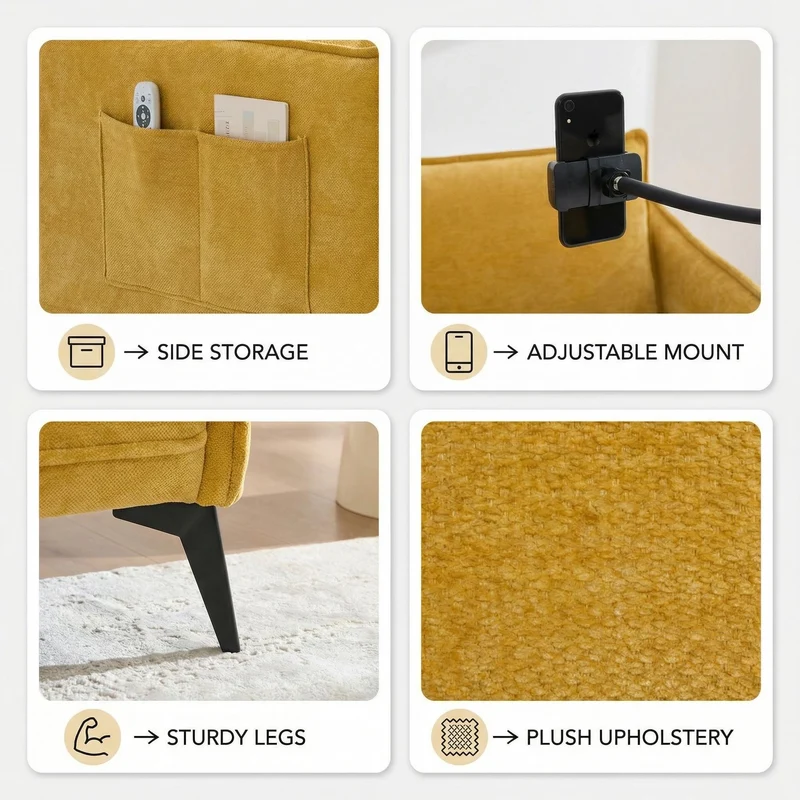 Canapé 2 places moderne chenille jaune poches latérales et support téléphone réglable 127x69x66cm CELESTEUM