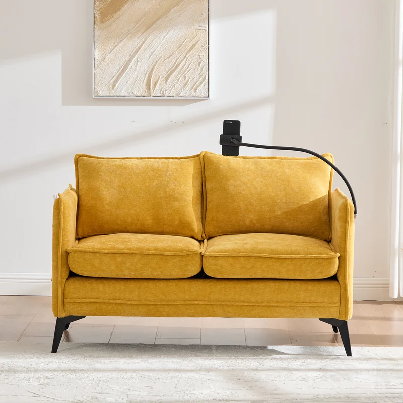 Canapé 2 places moderne chenille jaune poches latérales et support téléphone réglable 127x69x66cm CELESTEUM